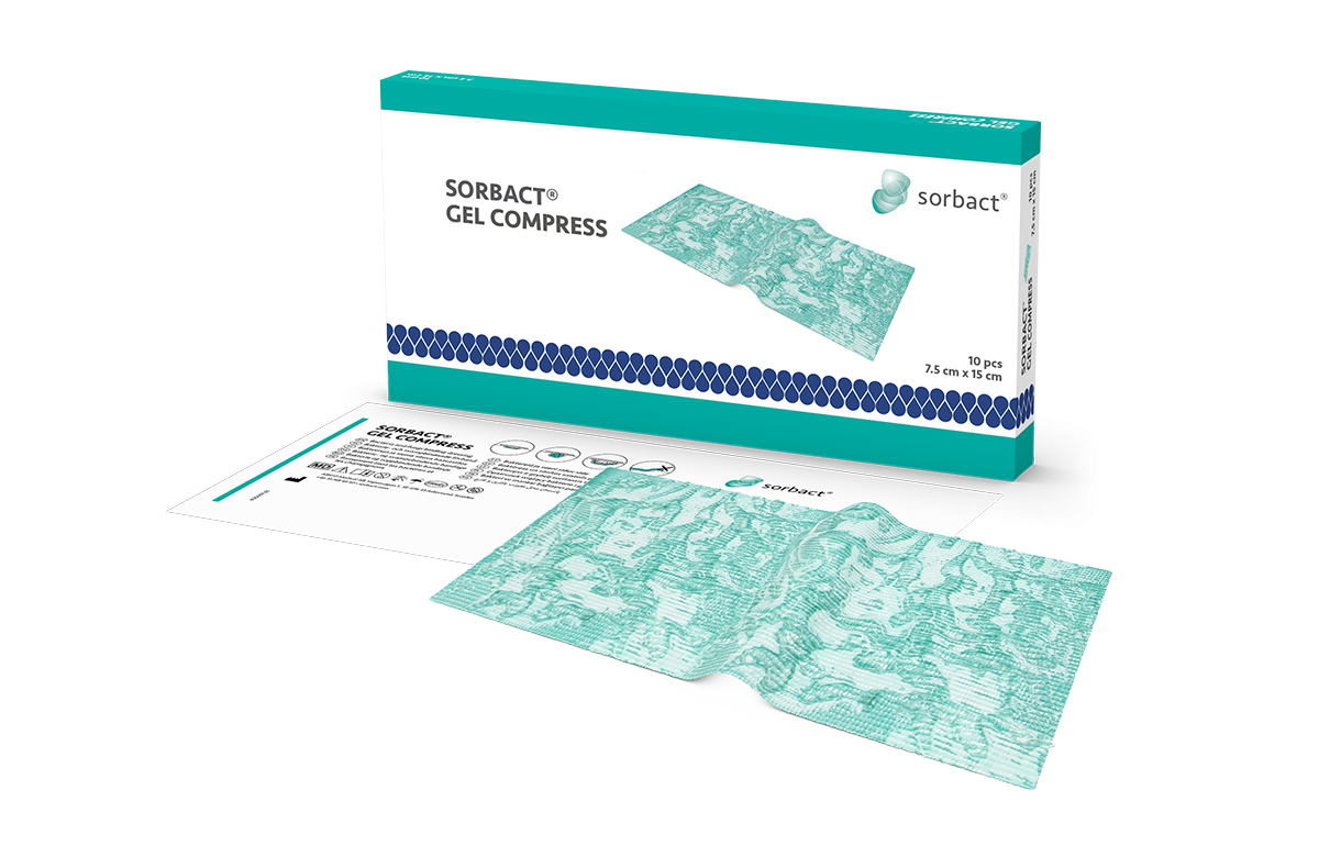Förpackning av Sorbact Gel Compress med ett förband bredvid